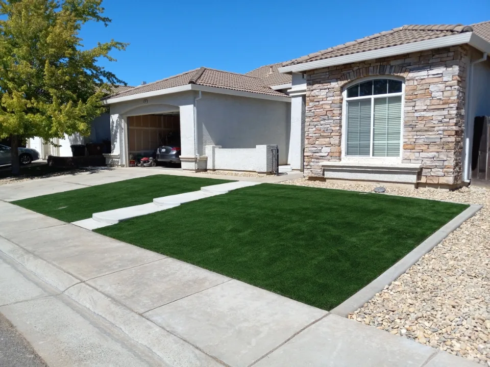 Front yard artificial turf walkway by Pinnacle Pools and Landscape, Sacramento CA