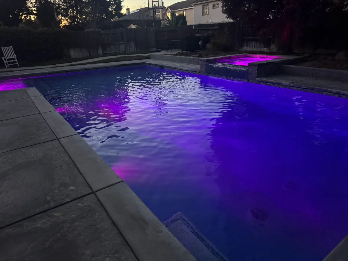 Pool purple led lighting night by Pinnacle Pools and Landscape, Sacramento CA