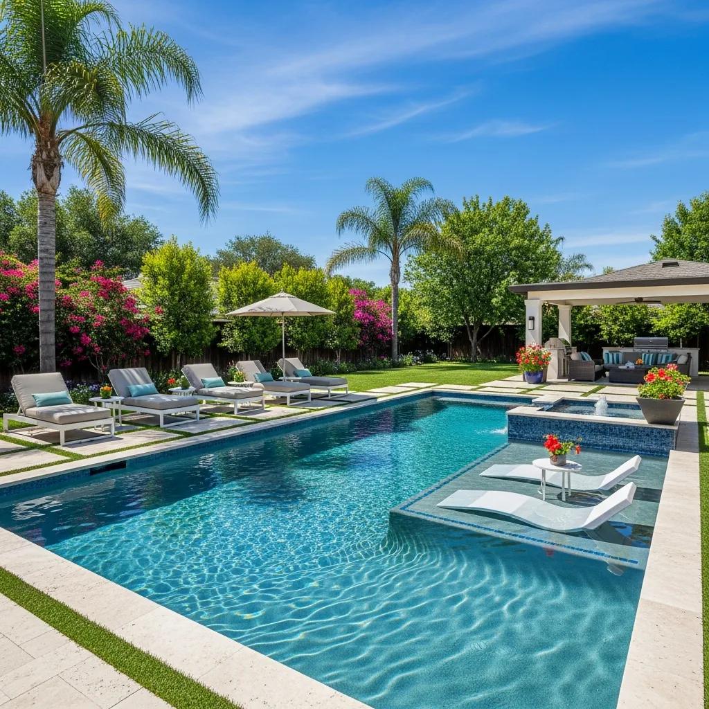 Custom pool in a Sacramento backyard with lush landscaping and lounge chairs