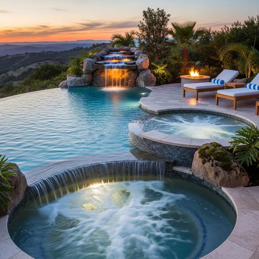 Luxury pool with infinity edge, spa, and waterfall in a scenic setting