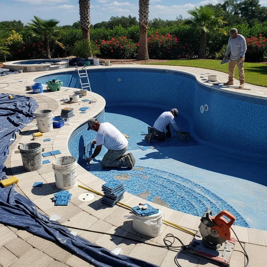 Workers remodeling a pool with new finishes and tools visible